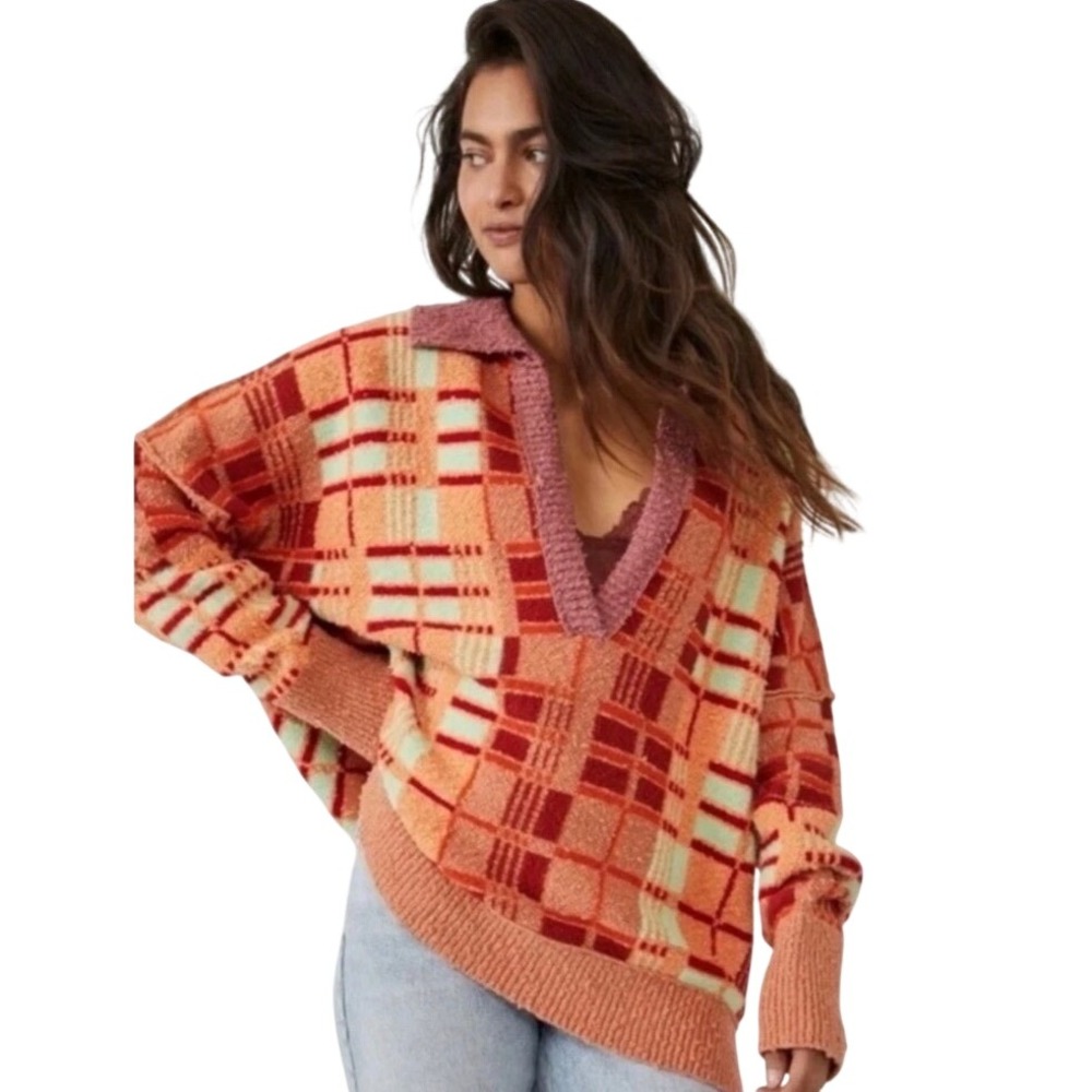 Free People Check Me Out Ruben Nubby Cozy Plaid Sweater Oversized Womens XS
